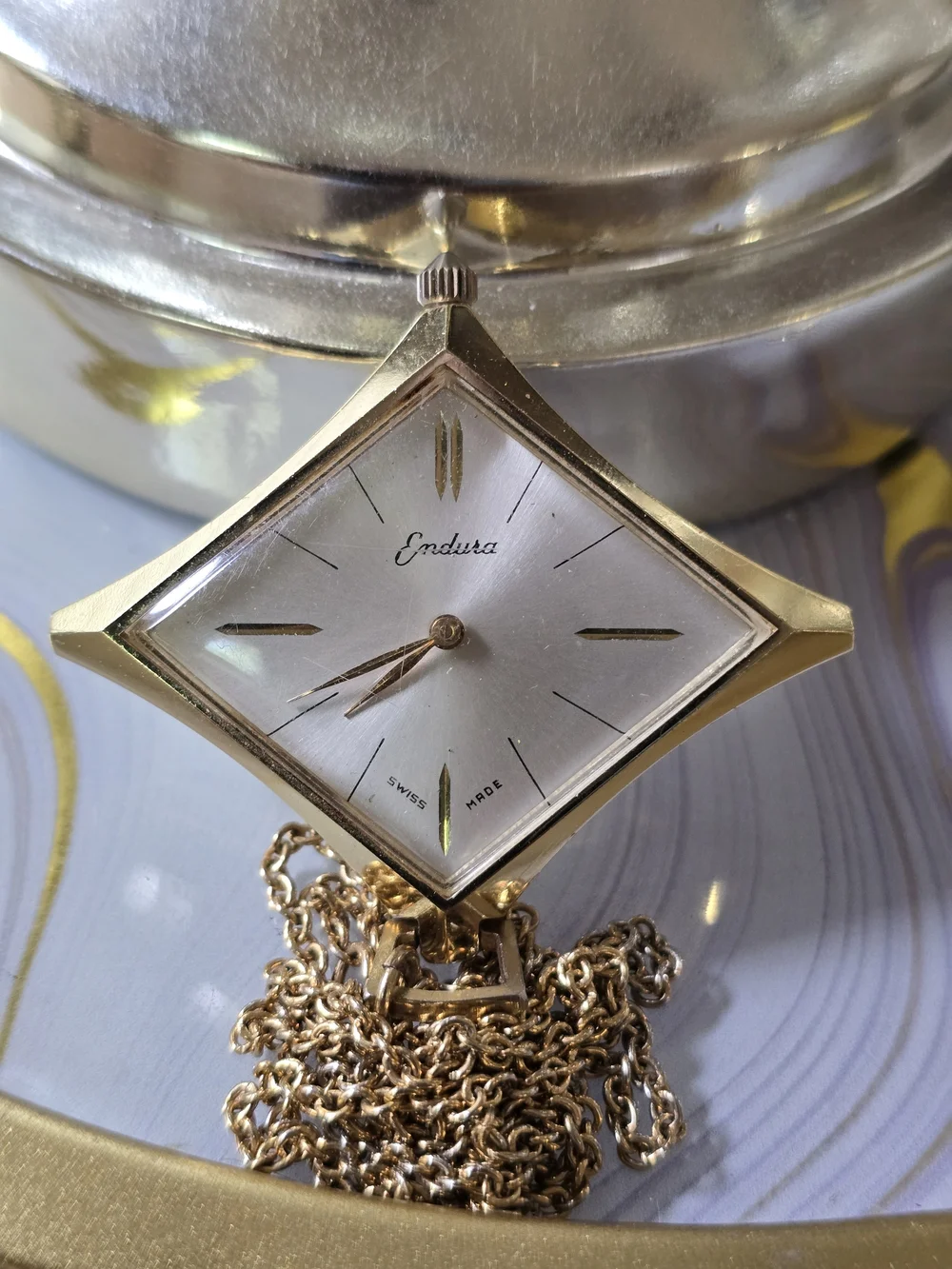 Gold-Tone Square Pendant Watch Necklace Automatic